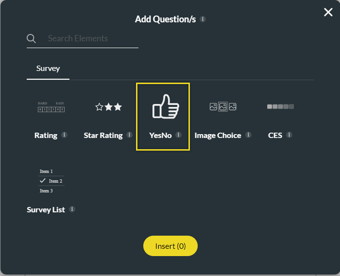 image displaying add question and selection of Yes/No question. 