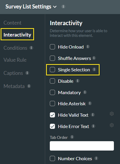 image displaying how to enable multiple selection by removing the "single selection" parameter in the interactivity tab. 