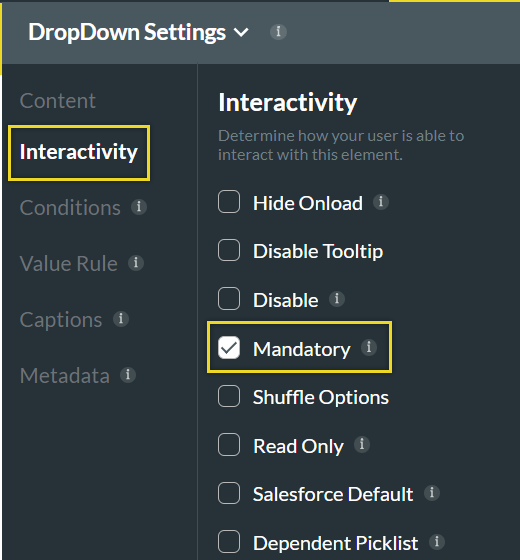 drop-down settings interactivity tab 