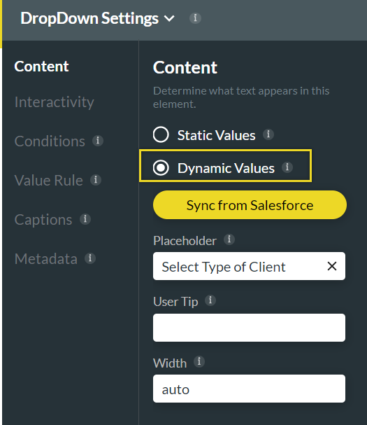 dropdown element settings screen