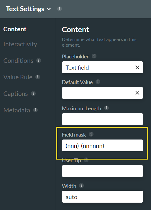 text settings content tab 