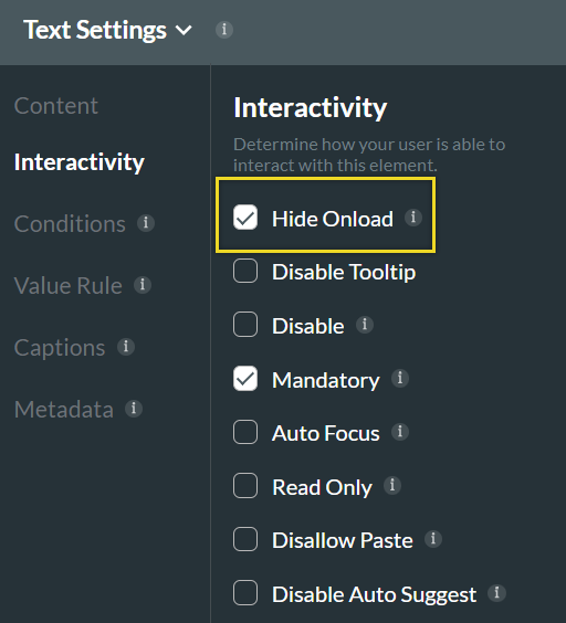 text settings interactivity tab 