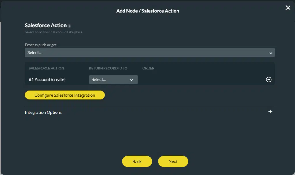 add node > salesforce action configuration screen 