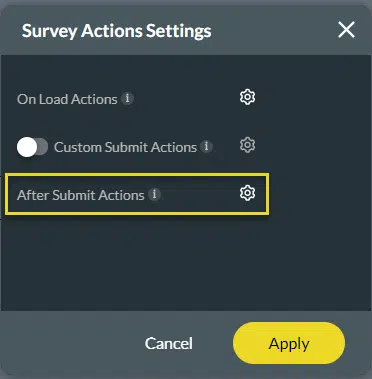 survey action settings screen with after submit actions option highlighted 