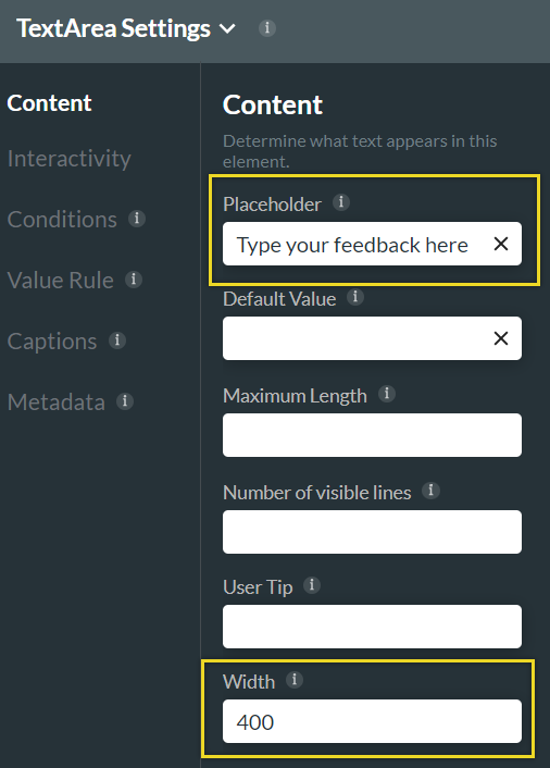 Screen of text area settings screen with the placeholder and width fields highlighted 