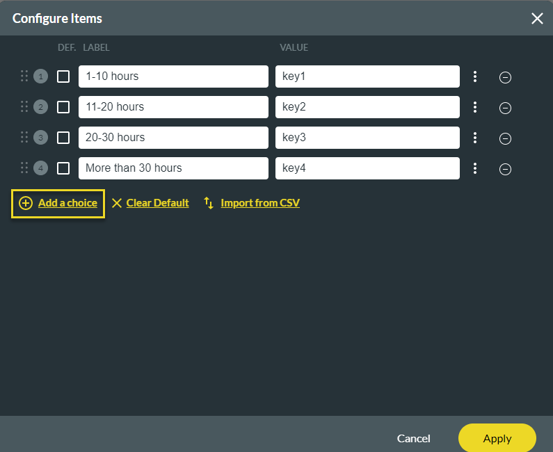 configure static values screen