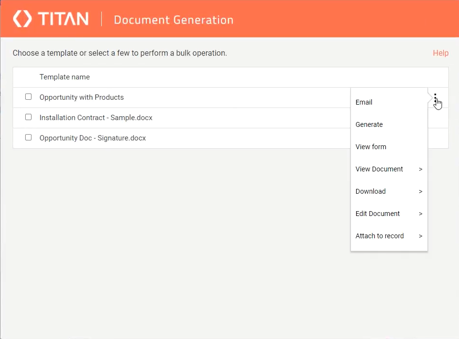 Screenshot of the Document Generation window showing the expanded kebab menu 