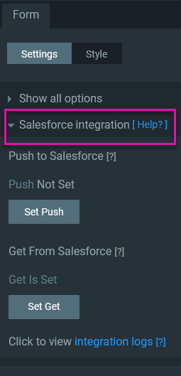 screenshot of the form settings menu with the Salesforce integration dropdown expanded 