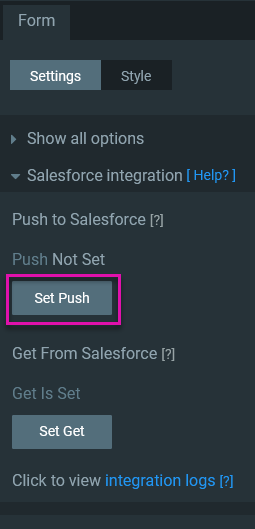 Screenshot of the form settings menu with the Set Push button highlighted 