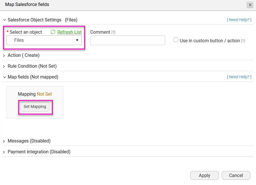 Screenshot of the Map Salesforce Fields window 