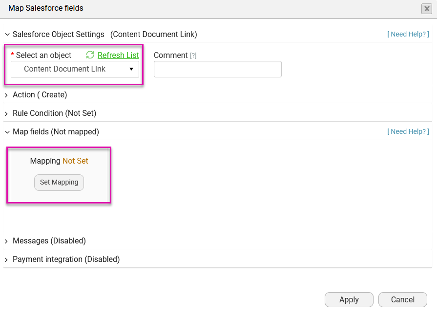 Screenshot of the Map Salesforce Fields window 