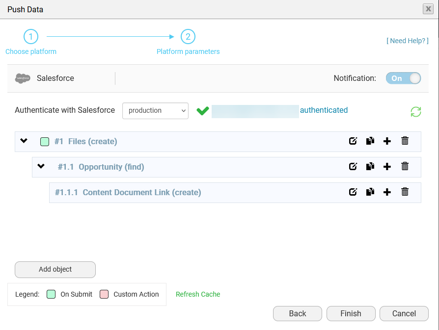 Screenshot of the Push Data window showing the configured actions 