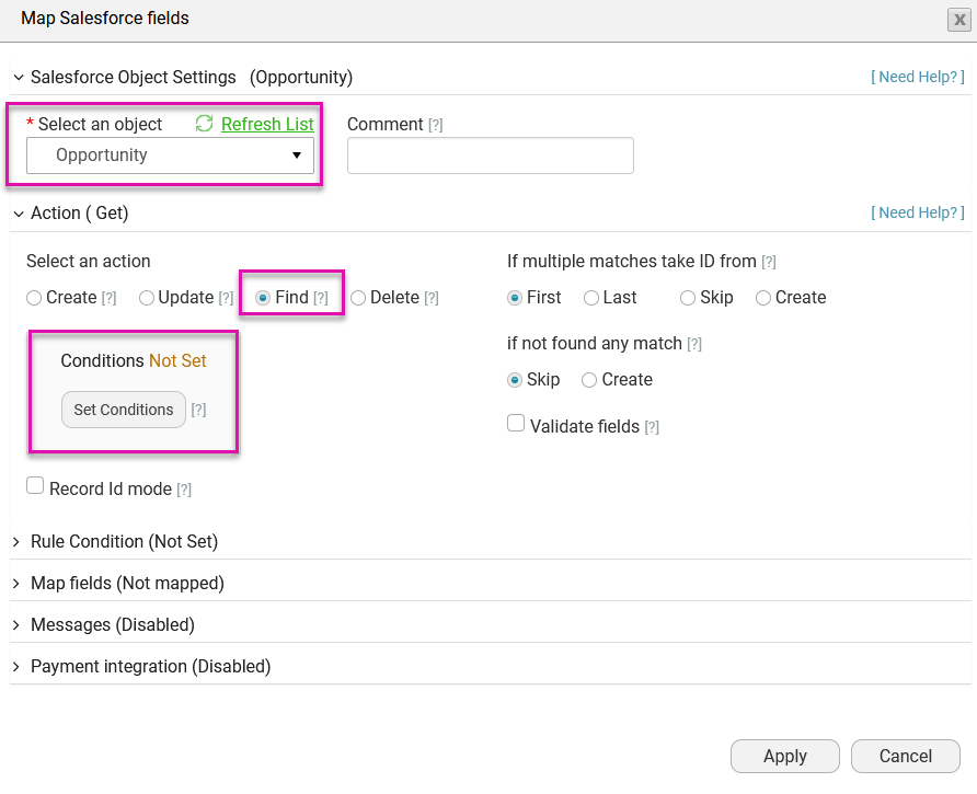 Screenshot of the Map Salesforce Fields window 