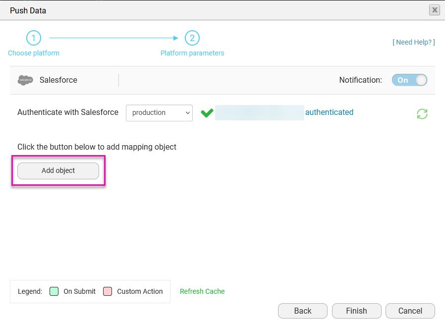 Screenshot of the push data window with the Add Object button highlighted 