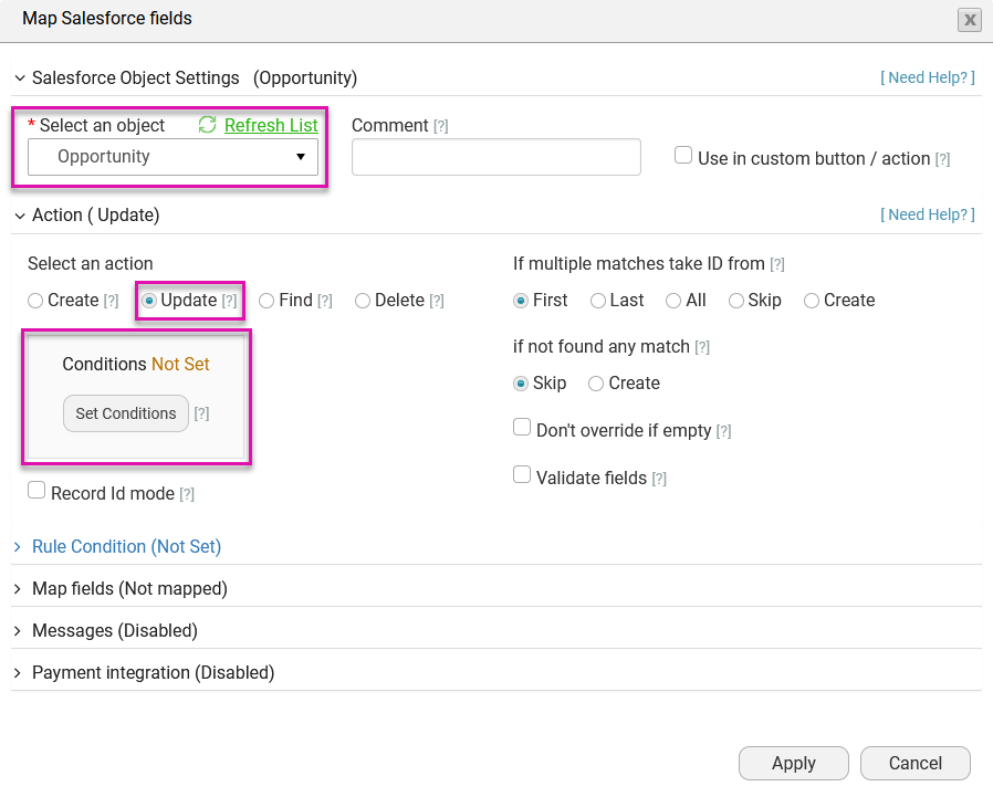 Screenshot of the Map Salesforce Fields window 