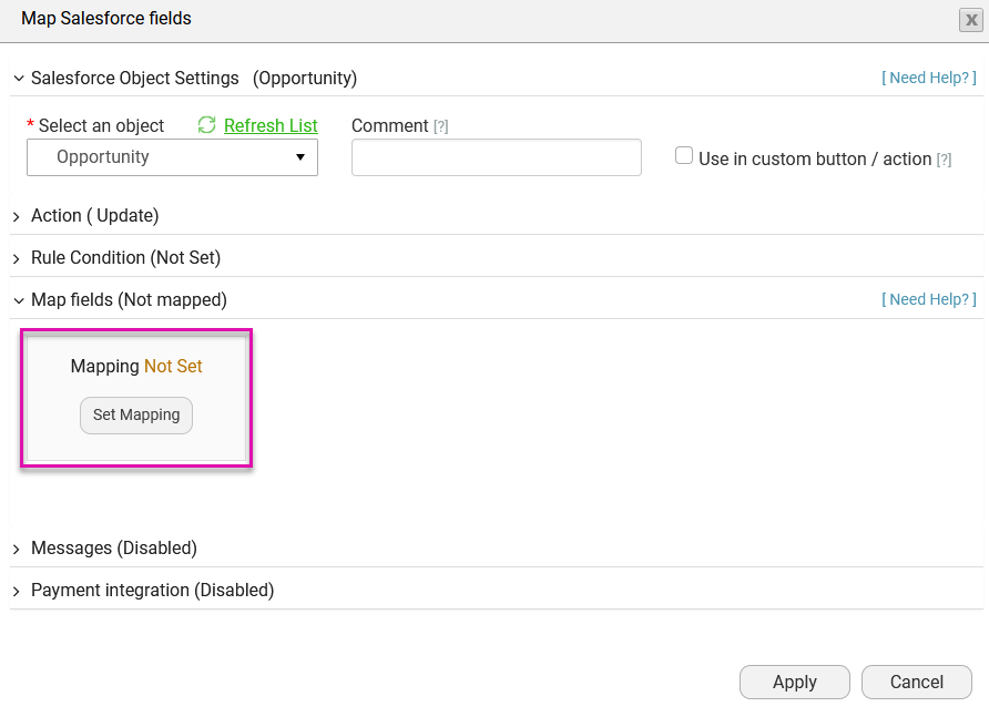 Screenshot of the Map Salesforce Fields window highlighting the set mapping button 