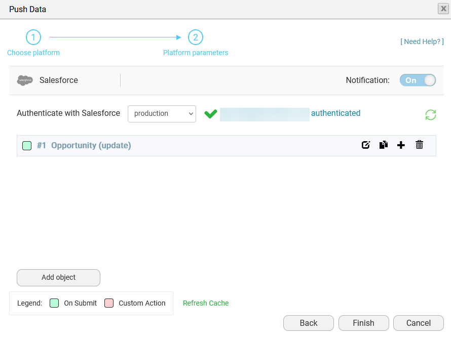 Screenshot of the Push Data window showing the configured push