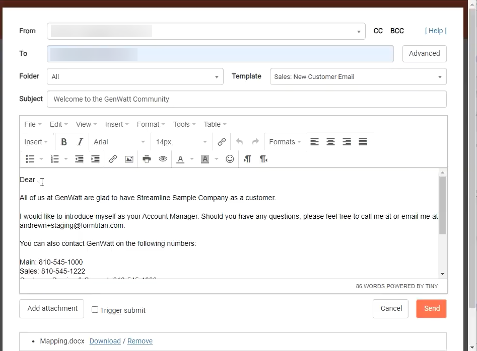 Screenshot of the email editor window 