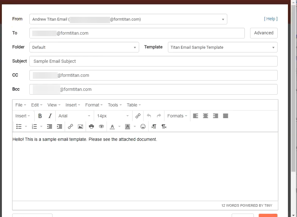 Screenshot of the send email screen showing the prefilled fields 