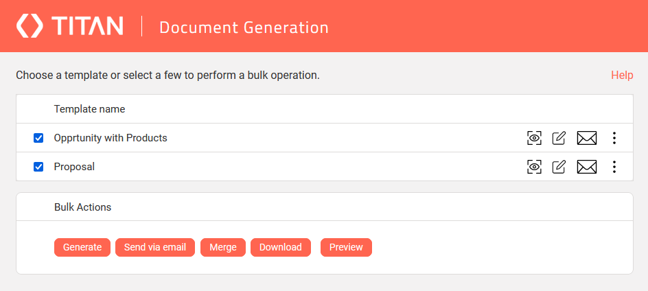 Screenshot of the document generation window with multiple projects displayed 