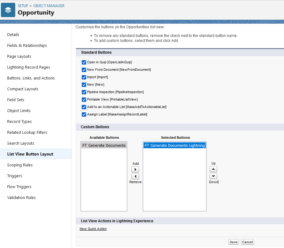 Screenshot of the List View Button Layout settings 