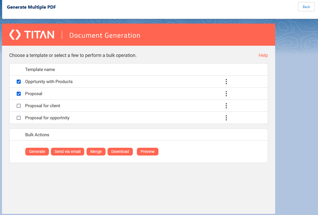 Screenshot of the Generate Multiple PDF document generation screen 