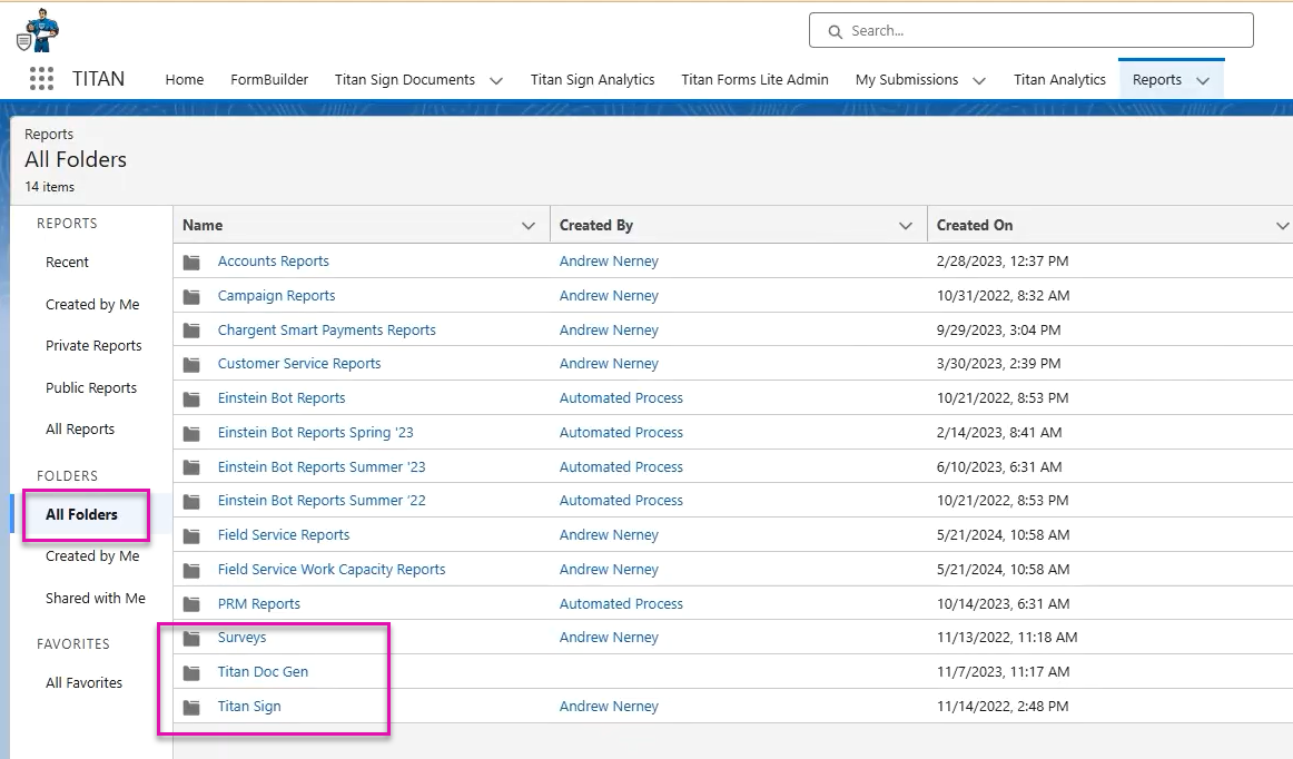 Screenshot of the reports tab in Salesforce 