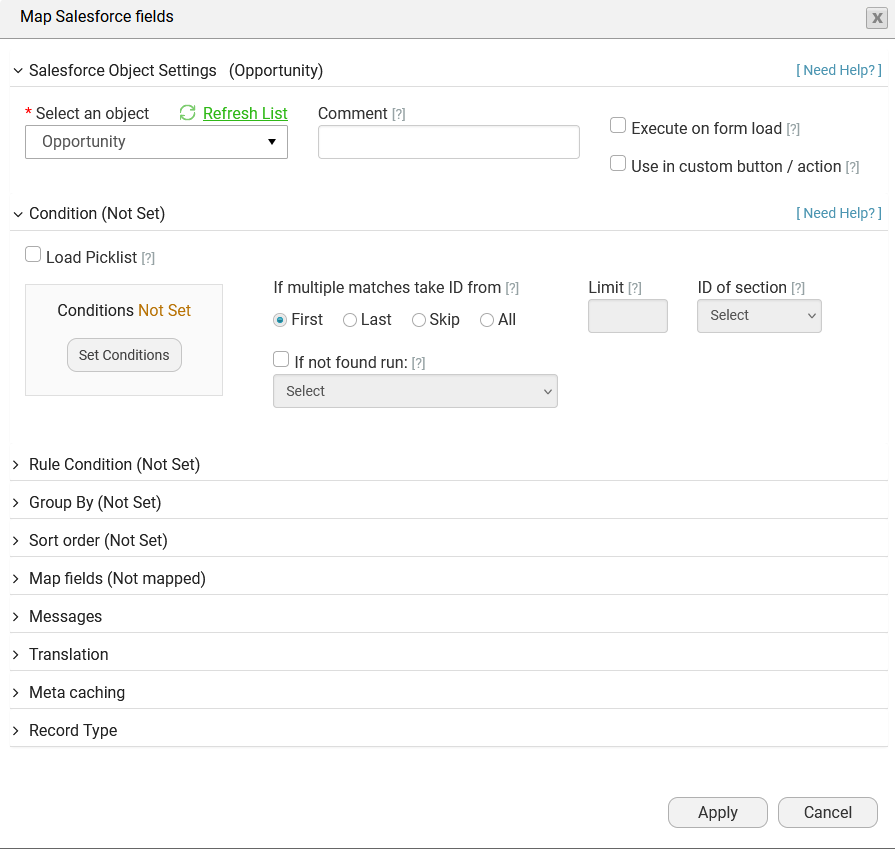 Screenshot of map salesforce fields window displaying object settings dropdown 