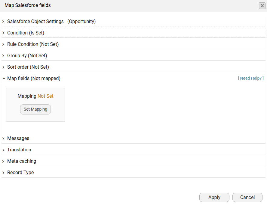 Screenshot of map salesforce fields window displaying mapping dropdown 