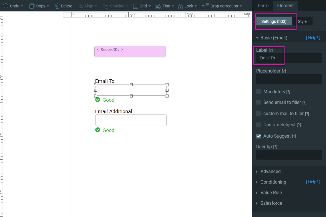 Screenshot of Titan Form interface displaying how to edit email element label 