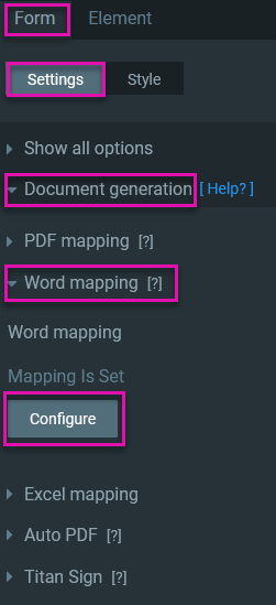 Screenshot of form settings menu displaying word mapping 