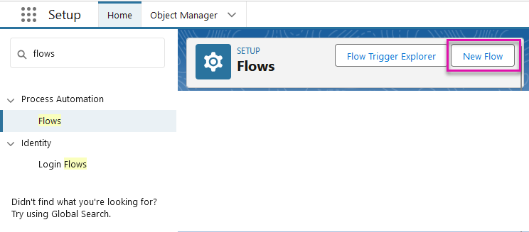 Screenshot of Salesforce Setup showing how to create a new flow 