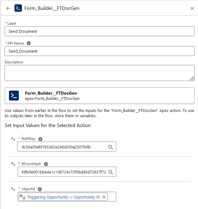 Screenshot of the keys required when configuring a form builder action 