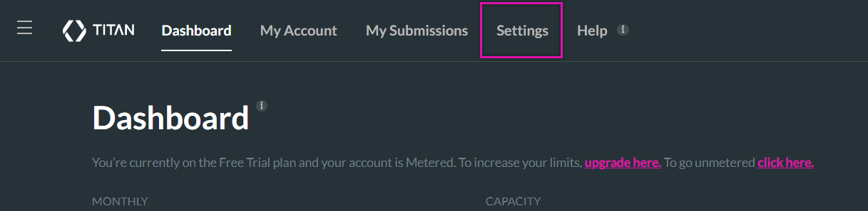 Screenshot of the Titan Web homepage with the settings tab highlighted 