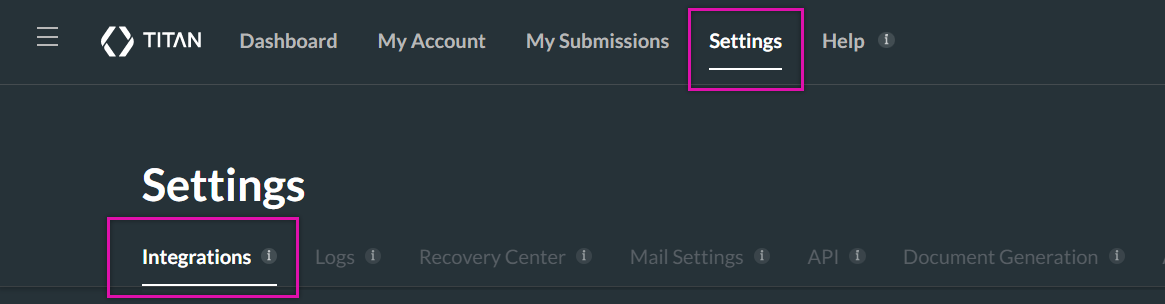 Screenshot of the Titan Settings screen with the Integrations tab highlighted 