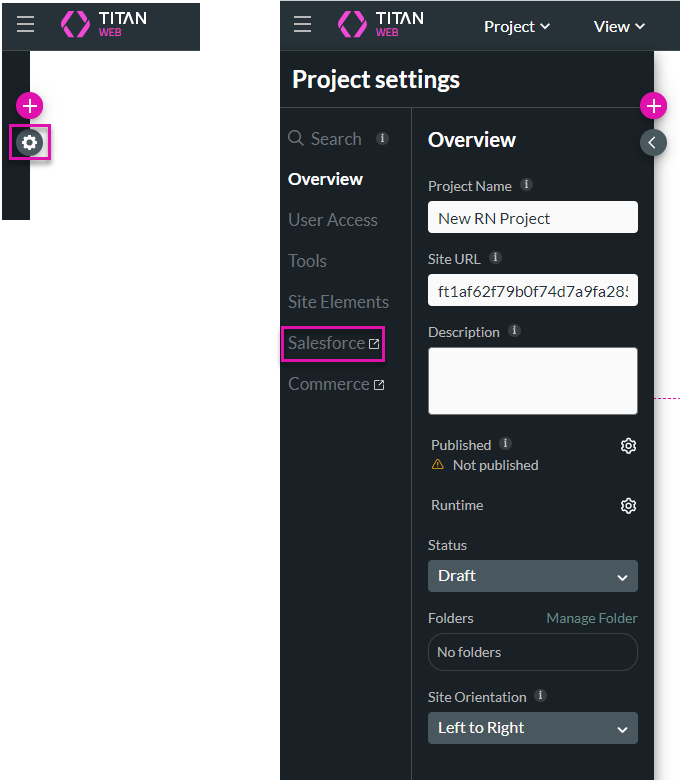 Screenshot of the project settings menu with the Salesforce tab highlighted 