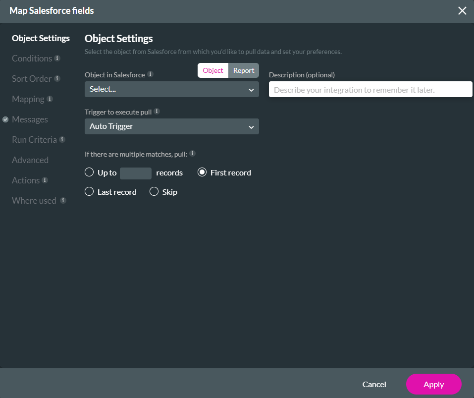 Screenshot of Map Salesforce Fields window showing the Object Settings tab 