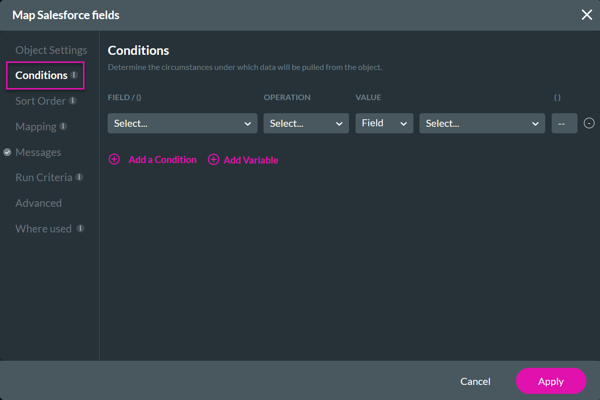 Screenshot of Map Salesforce fields window showing the conditions tab 