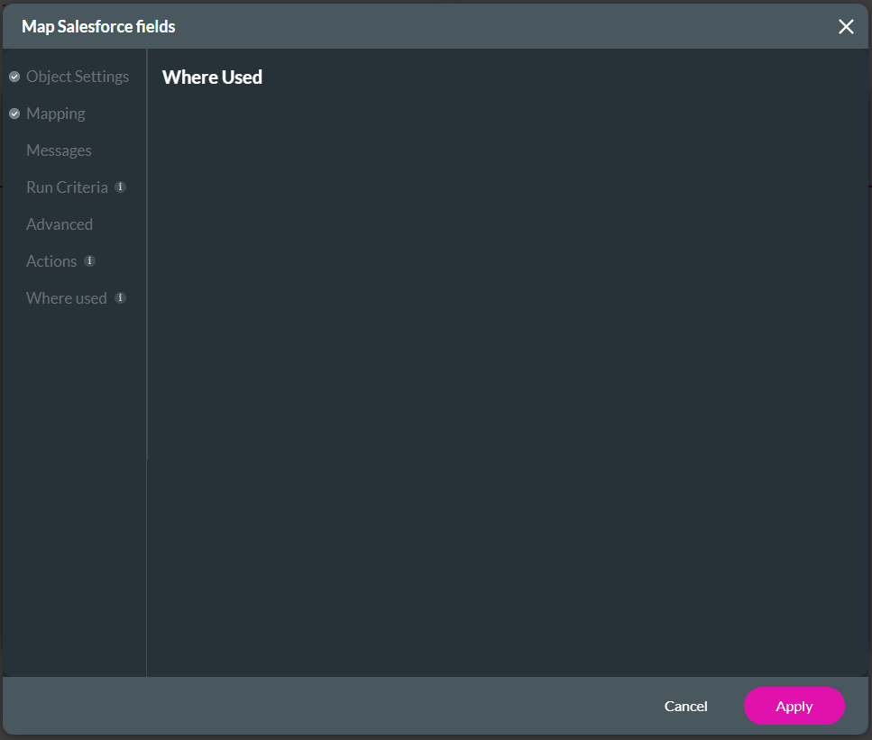 Screenshot of the Map Salesforce fields displaying the where used tab 