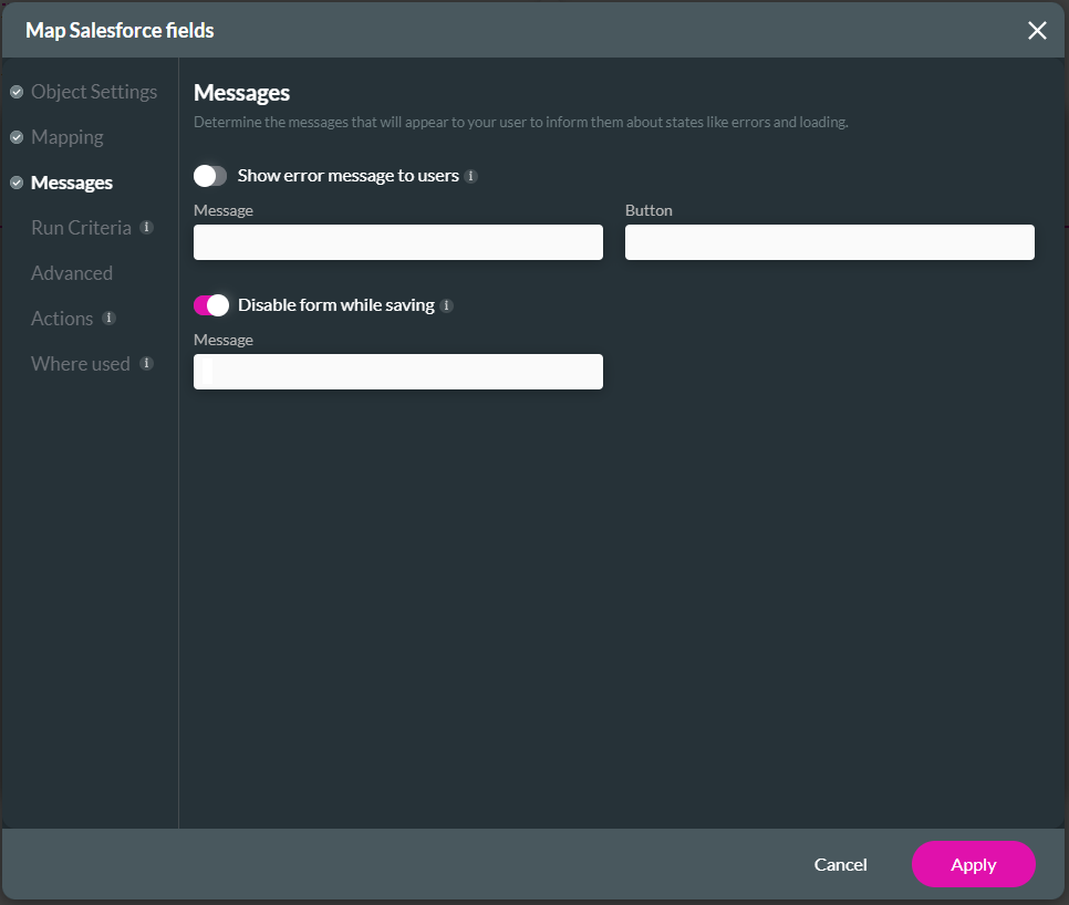 Screenshot of map salesforce fields with the message tab options displaying 