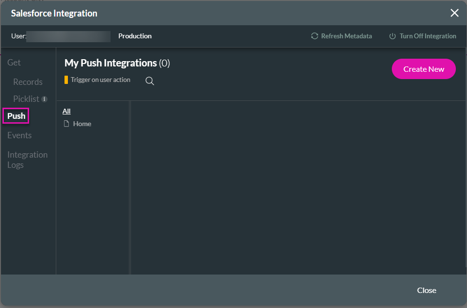 Screenshot of the Salesforce Integration window showing the Push tab 