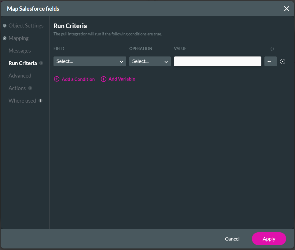 A screenshot of the map salesforce fields run criteria options 