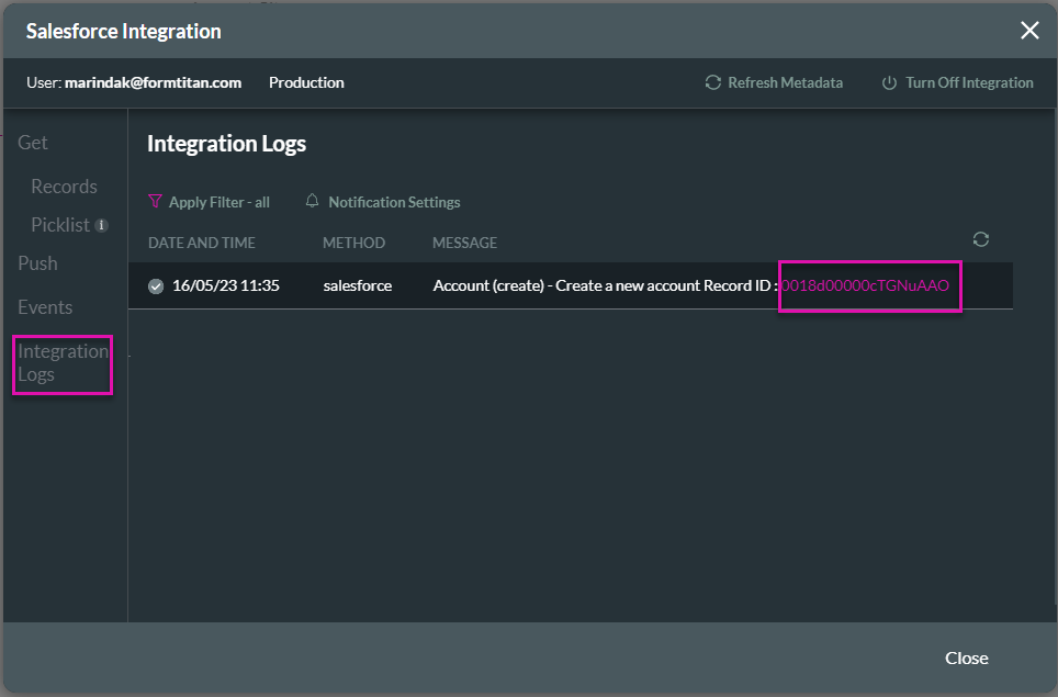 Salesforce Integration window showing the Integration Logs tab 