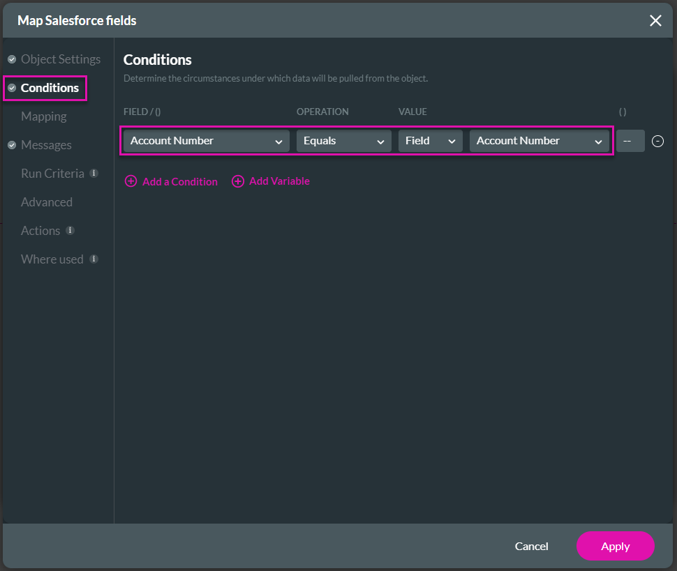 Screenshot of map salesforce fields screen with condition tab options displaying 