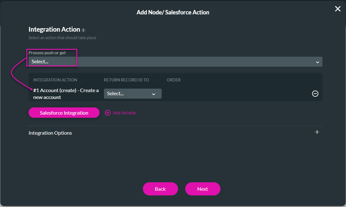 Screenshot of the add node salesforce action screen with the chosen action listed 