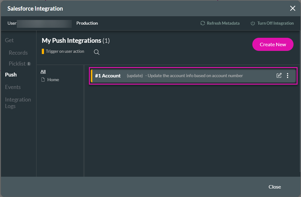 Screenshot of Salesforce integration displaying my push integrations 