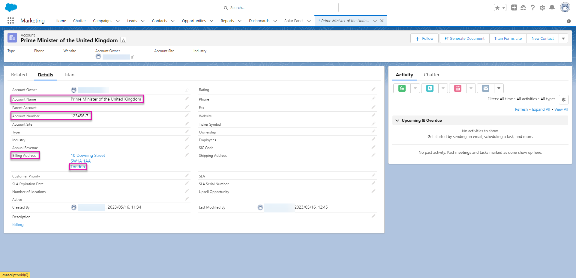 Screenshot of updates salesforce information 