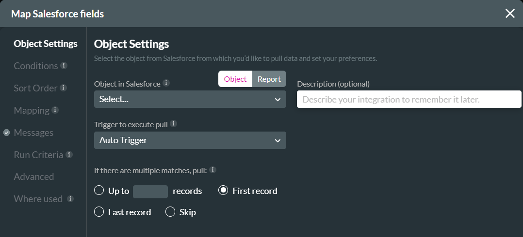 Screenshot of Map salesforce fields object settings options displaying 