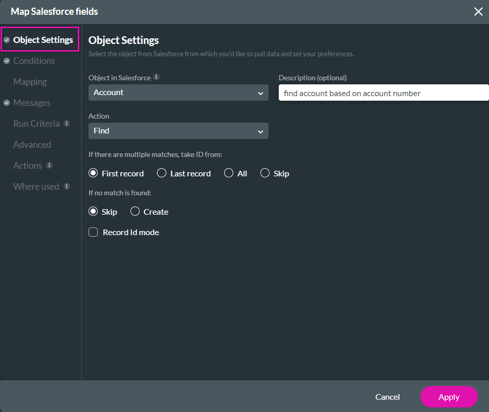 Screenshot of the object settings tab for map salesforce objects screen 