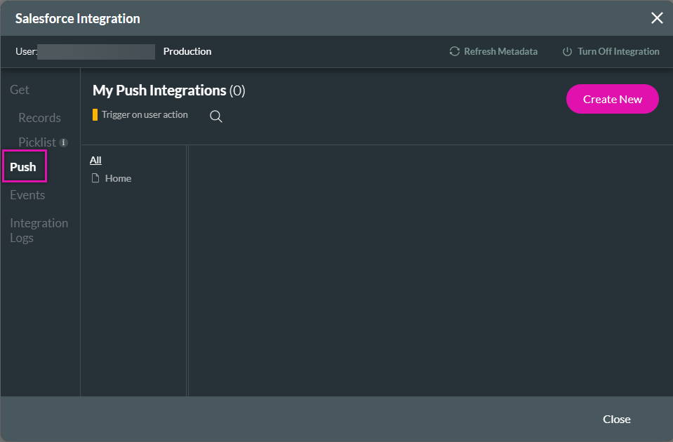 Salesforce Integration screen showing the push tab 